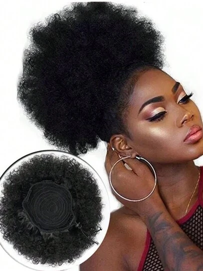 8-Inch Drawstring Bun African American Big Bun Hair Piece Silky African Black With Clip Short Curly Bun