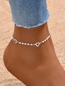 1入流行簡約海灘風格愛心和幾何形狀珍珠鑲嵌精緻足飾，適用於女性休閒日常穿搭