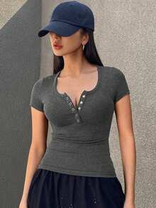 Camiseta de Manga Corta para Mujer, Cuello Redondo Ribbed, Casual y Sexy, Transpirable para Verano - Gris Oscuro - Ver 3