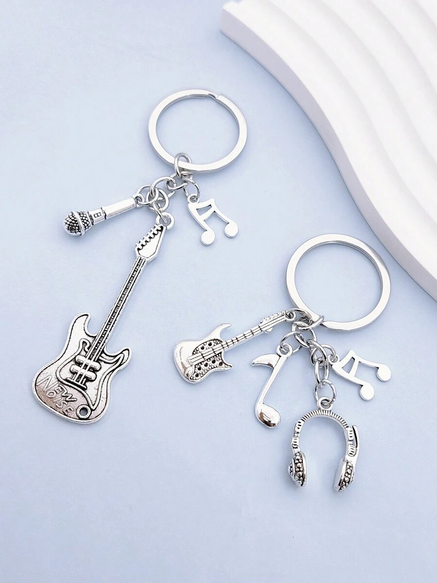 Thời trang DIY Phụ kiện Guitar Microphone Tai nghe Nốt nhạc Sáng tạo Người yêu âm nhạc Móc khóa - Màu Bạc Cổ - Xem 1