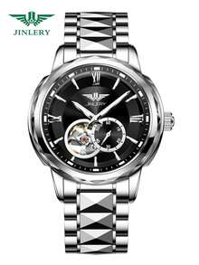 JINLERY名品男士自動機械手錶，發光3ATM防水，高品質奢華金色羅馬數字錶盤，商務多場合合適 - 黑與白 - 查看 2