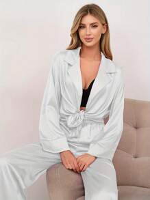 2pcs Women's Homewear Set With Long Sleeve Satin Shirt And Thin Pants Pajama Set - Grey - View 2