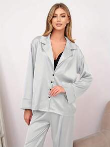 2pcs Women's Homewear Set With Long Sleeve Satin Shirt And Thin Pants Pajama Set - Grey - View 4