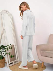 2pcs Women's Homewear Set With Long Sleeve Satin Shirt And Thin Pants Pajama Set - Grey - View 3