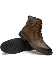 SHOESMALL男士時尚摩托車拉鍊靴戰鬥休閒男裝靴 - 棕色 - 查看 7