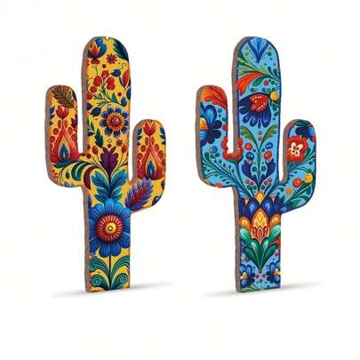 Putuo Decor 1 Piece Mexican Style Cactus Shaped Wooden Signs, Mexican Tiles Pattern Plate Decoration Wall Art Painting Decor For Home Living Room Bedroom, 5.1 X 15.7 Inches