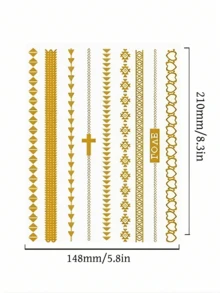 9 Sheets Gold Metallic Waterproof Nontoxic Stickers Temporary Tattoo Long Lasting Tattoos Flash Sheets Perfect For Party Festivals Beach - Gold - View 6