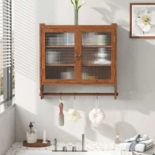 24.8"Glass Door Vintage Double Door Wall Cabinet With Three Tiers Of Storage With Towel Rack, For Bathroom, Kitchen,Dining Room,Brown
