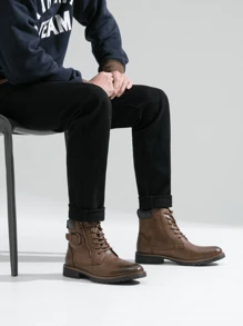 SHOESMALL男士時尚摩托車拉鍊靴戰鬥休閒男裝靴 - 棕色 - 查看 2