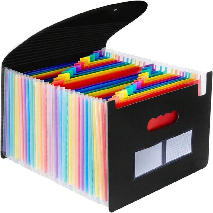 Accordian File Manager With Lid Extension Folder Portable A4 Letter Size File Box, Large Capacity Plastic Colored Paper File Manager File Manager Back To School,Back To School,School Supplies - Black - View 1