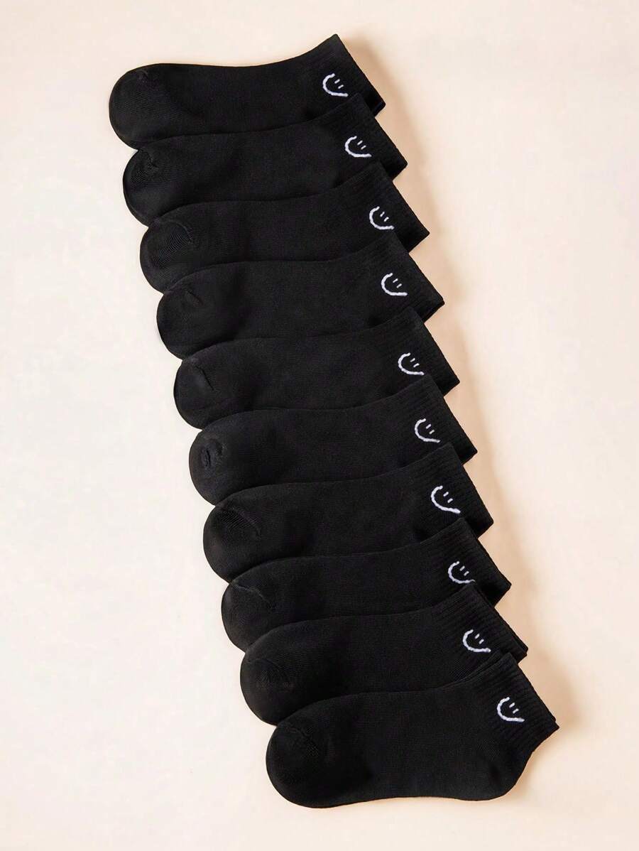 10 Pairs Of Casual And Simple Smiling Face Short Socks Suitable For Daily Life And Casual Wear - Black - View 1