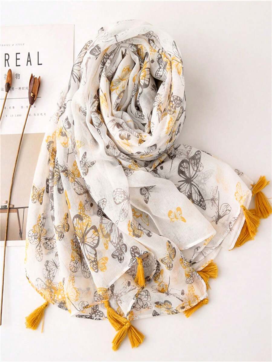 Lovely Butterfly Linen Feel Scarf, Lightweight & Breathable Holiday Beach Towel Wrap, Tassel Decor, Elegant Design Fashion Shawl & Head Scarf, New Arrival - Multicolor - View 1