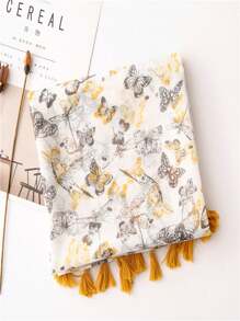 Lovely Butterfly Linen Feel Scarf, Lightweight & Breathable Holiday Beach Towel Wrap, Tassel Decor, Elegant Design Fashion Shawl & Head Scarf, New Arrival - Multicolor - View 5