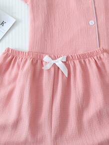 【优雅田园】女士夏季撞色滚边领口袋爱心图案纽扣上衣和蝴蝶结短裤睡衣套装 - 粉色 - 查看 6