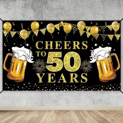 Funkelndes 50. Geburtstags-Banner - Dynamisches Schwarz und Gold Feier zu 50 Jahren Dekoration - Meilenstein Feier Event, Komplettes Partyzubehör Set, Fotobox Hintergrund, Weihnachten