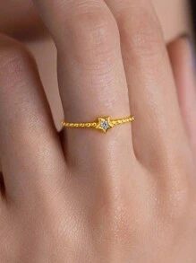 Stylever 1入組小星星方晶鋯石戒指女士們首飾類適合女士S925純銀迷人戒指精細首飾類禮品適合女孩 - 金色 - 查看 3