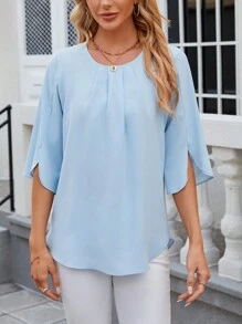 Women's Casual Loose Top 3/4 Ruffled Sleeve Scoop Neck Chiffon Blouse Summer Dressy Shirt Basic Tunic Tops Petal Flowy T-Shirts For Leggings