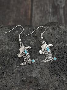 1pair Western Style Women's Cowboy Hat & Boots Retro Fashion Earrings - Antique Silver - View 3
