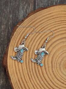 1pair Western Style Women's Cowboy Hat & Boots Retro Fashion Earrings - Antique Silver - View 4