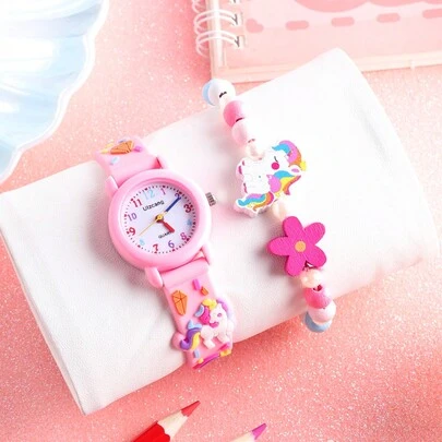 1pc Cute Unicorn Decorated Round Quartz Watch & 1pc Unicorn Bracelet, Ideal For Daily Wear Or As A Gift For Girls