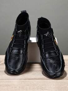 Men Genuine Leather Handmade Elastic Band Casual Boots, Durable And Versatile - Black - View 1