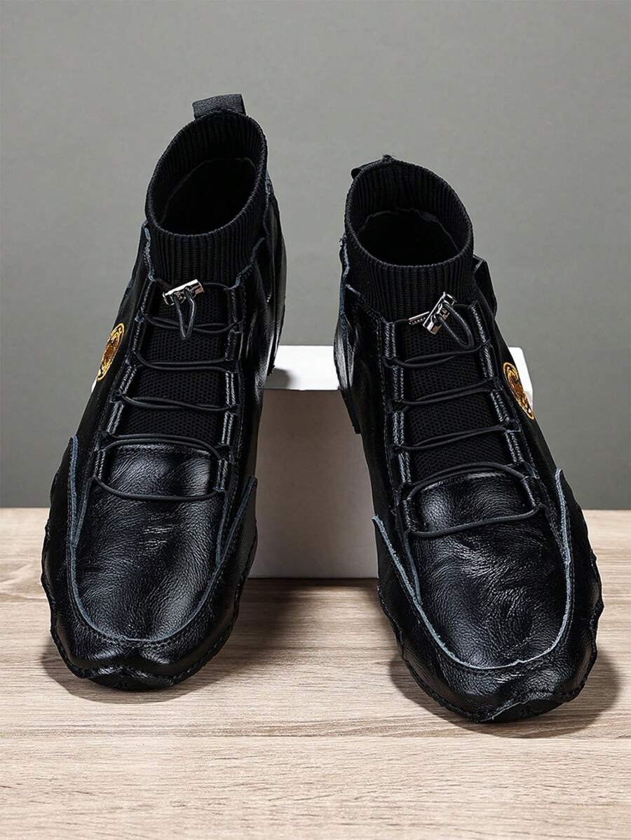 Men Genuine Leather Handmade Elastic Band Casual Boots, Durable And Versatile - Black - View 1