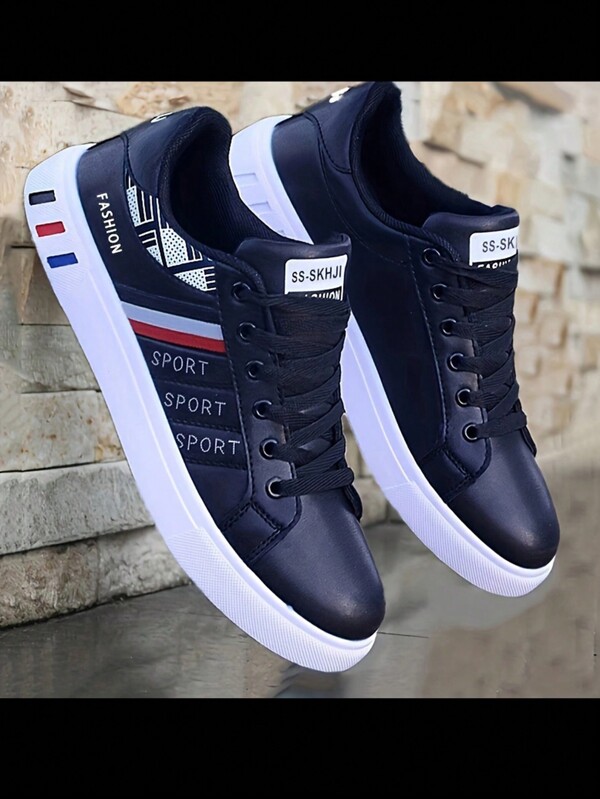 Men's Soft-Sole Lace-Up Sports Casual Shoes, Black Flat Skateboarding Shoes For Men