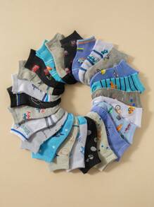 12對隨機圖案男童襪子，以卡通恐龍，汽車，帆船，鯊魚為特色；適合作為禮物贈送和日常穿著 - 彩色 - 查看 2