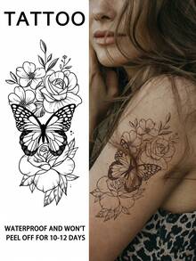 Butterfly Flower Temporary  Tattoo Sexy Waterproof Sweatproof Last For 1-2 Weeks Realistic Herbal Juice Non-Reflective Geometric Faux Black Fake Tattoos For Woman Tattoo Stickers For Chest,Belly,Leg,Back,Waist,Arm Modernist Body Art - Black - View 12