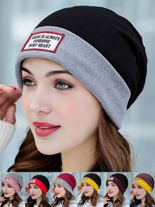 1pc Women's Dual-Tone Plush Knit Beanie Hat With Embroidered English Logo, Warm And Fashionable, Suitable For Daily Wear - Multicolor - View 9