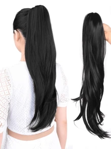 20英寸爪夾式假髮馬尾，長直髮型合成纖維假髮，自然外觀，黑棕色，女士用 - 黑色 - 查看 1