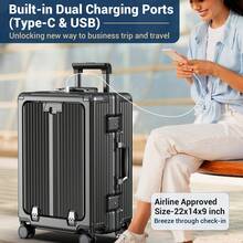 Airline Approved Carry On Luggage With Spinner Wheels, Aluminum Framed Carry On Suitcase With Front Open Laptop Compartment Pocket 22 Inch Large Checked-In Luggage - Black - View 4