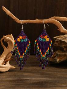 1 对度假波西米亚风格六朵小花玻璃珠手工编织串珠女士时尚吊坠流苏串珠耳环适合日常佩戴和节日礼物情人节