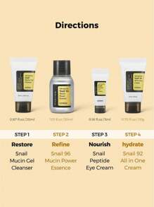 COSRX 蜗牛护肤全套指南 | 旅行套装礼盒，包含洁面啫喱 (0.67 液盎司)、精华液 (1.01 液盎司)、保湿霜 (0.70 液盎司) 和眼霜 (0.16 液盎司)，蕴含蜗牛分泌物，修护、滋养、焕活肌肤，韩国护肤品 - Travel Size - 查看 3