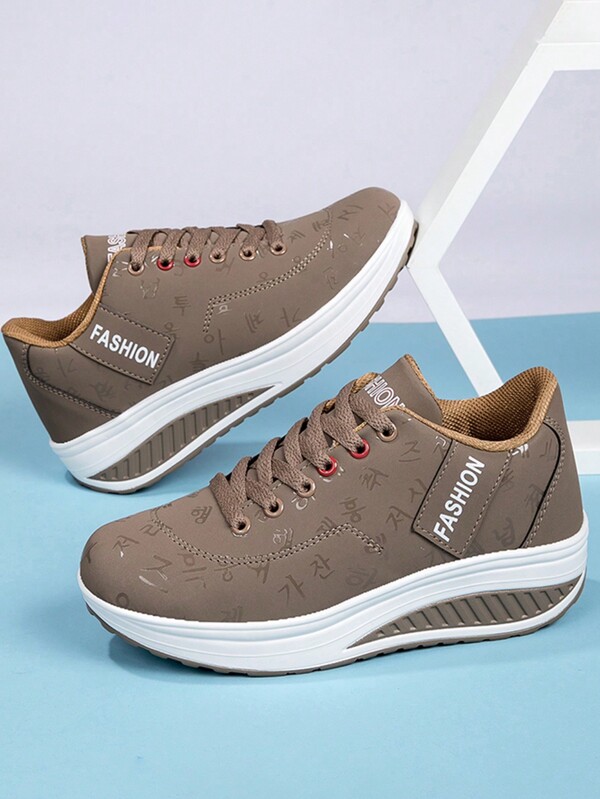 2024 Autumn/Winter Korean-Style Breathable Platform Shoes With Leather Surface, Korean Letters, Sporty & Casual Women's Shoes