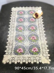 1入組花卉刺繡中空網狀桌布，適用於餐桌、電視機櫃、鞋櫃、室內/室外桌布節日裝飾 - 香檳色 - 查看 7