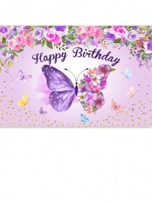 1 pieza Tela de fondo de estudio con mariposa de dibujos animados, puntos dorados, flores para fiesta de cumpleaños de bebé - Multicolor - Ver 14