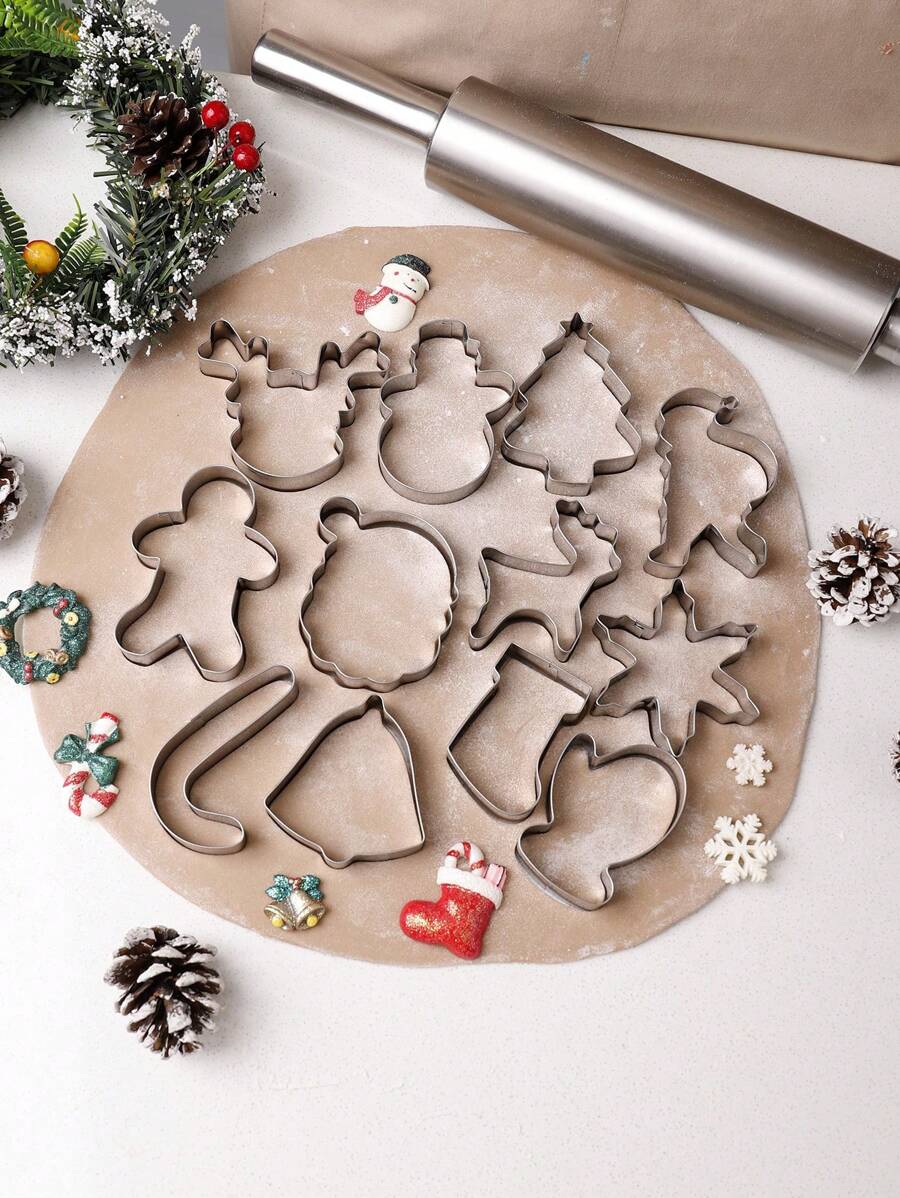12pcs Fun-Shaped Christmas Theme Cookie Cutter Set, Household 430 Stainless Steel Candy Molds, Complete Set Of Kitchen Bakeware Accessories Christmas Decor Christmas Party Favors Christmas Party Supplies Christmas Party Merry Christmas Christmas Eve Christmas Christmas Decorations Christmas Pajamas Christmas Gifts Christmas Decor - Silver - View 1