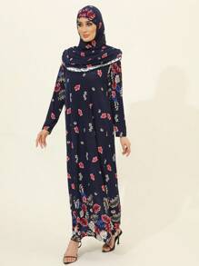 端莊的穆斯林長袍和長袍，適合女性穿著 |迪拜和摩洛哥風格的帶頭巾 |適合禮拜、家庭和戶外活動的穆斯林祈禱衣和朝覲必備品，休閒風格 - 頭巾+連身裙合體 - 查看 5