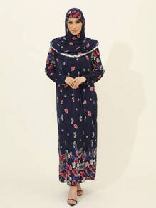 端莊的穆斯林長袍和長袍，適合女性穿著 |迪拜和摩洛哥風格的帶頭巾 |適合禮拜、家庭和戶外活動的穆斯林祈禱衣和朝覲必備品，休閒風格 - 頭巾+連身裙合體 - 查看 2