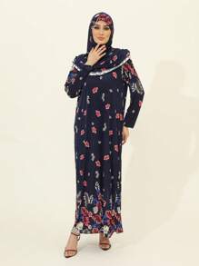 端莊的穆斯林長袍和長袍，適合女性穿著 |迪拜和摩洛哥風格的帶頭巾 |適合禮拜、家庭和戶外活動的穆斯林祈禱衣和朝覲必備品，休閒風格 - 頭巾+連身裙合體 - 查看 3