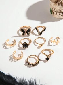 imoli 9pcs Simple & Elegant Alloy Butterfly & Star Design Open Ring Set With Rhinestone & Oil Drop Detail For Women, Great Gift For Dating (artificial Oil Dropping Color Adjustment, Slight Color Difference Among Batches) - Black - View 7