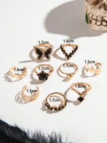 imoli 9pcs Simple & Elegant Alloy Butterfly & Star Design Open Ring Set With Rhinestone & Oil Drop Detail For Women, Great Gift For Dating (artificial Oil Dropping Color Adjustment, Slight Color Difference Among Batches) - Black - View 10