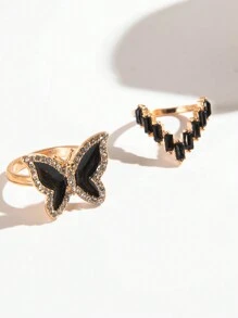 imoli 9pcs Simple & Elegant Alloy Butterfly & Star Design Open Ring Set With Rhinestone & Oil Drop Detail For Women, Great Gift For Dating (artificial Oil Dropping Color Adjustment, Slight Color Difference Among Batches) - Black - View 9