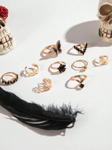 imoli 9pcs Simple & Elegant Alloy Butterfly & Star Design Open Ring Set With Rhinestone & Oil Drop Detail For Women, Great Gift For Dating (artificial Oil Dropping Color Adjustment, Slight Color Difference Among Batches) - Black - View 6