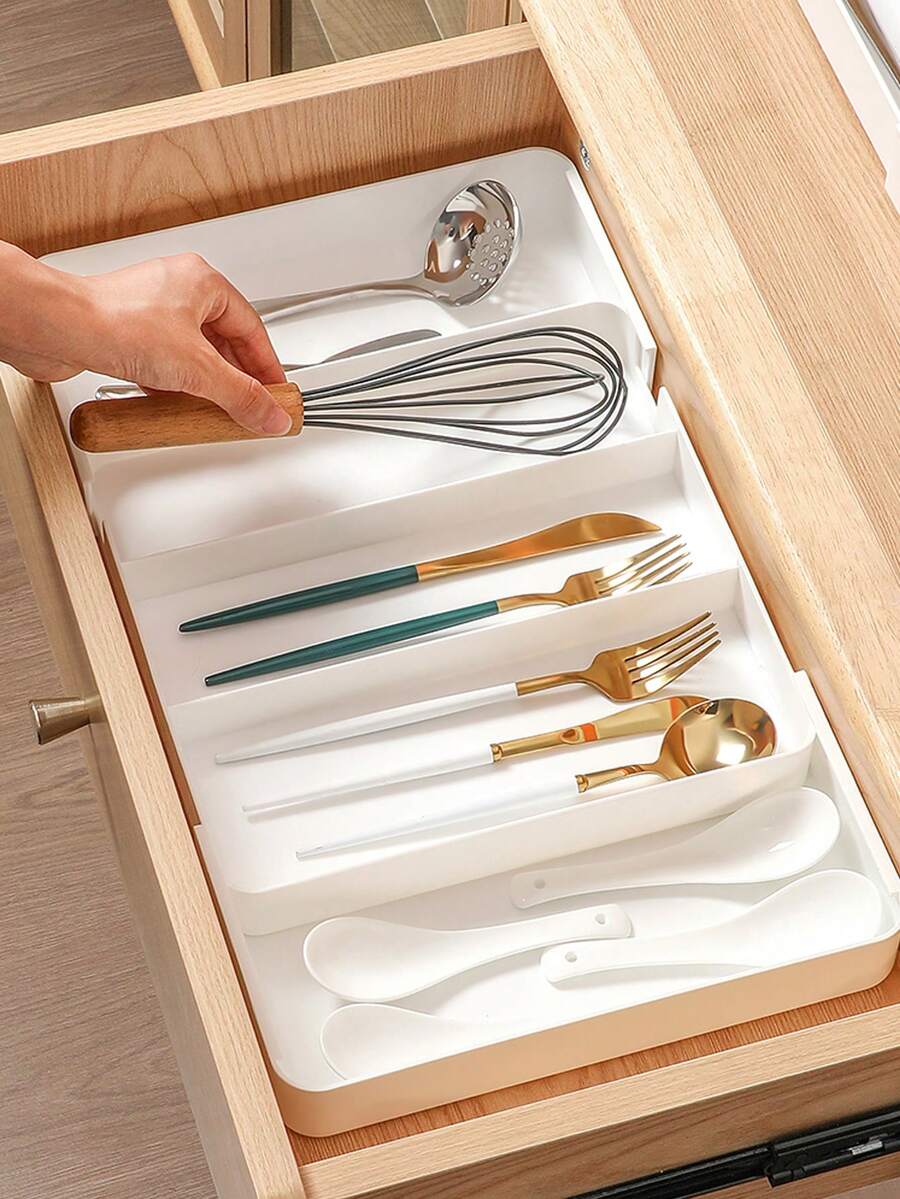 1pc Drawer Cutlery Storage Box, Plastic Countertop Tableware Storage Box, Expandable Utensil Divided Storage Tray For Kitchen, Adjustable Flatware And Cutlery Holder Room Decor Home Decor Fall Decor Bedroom Decor - White - View 1