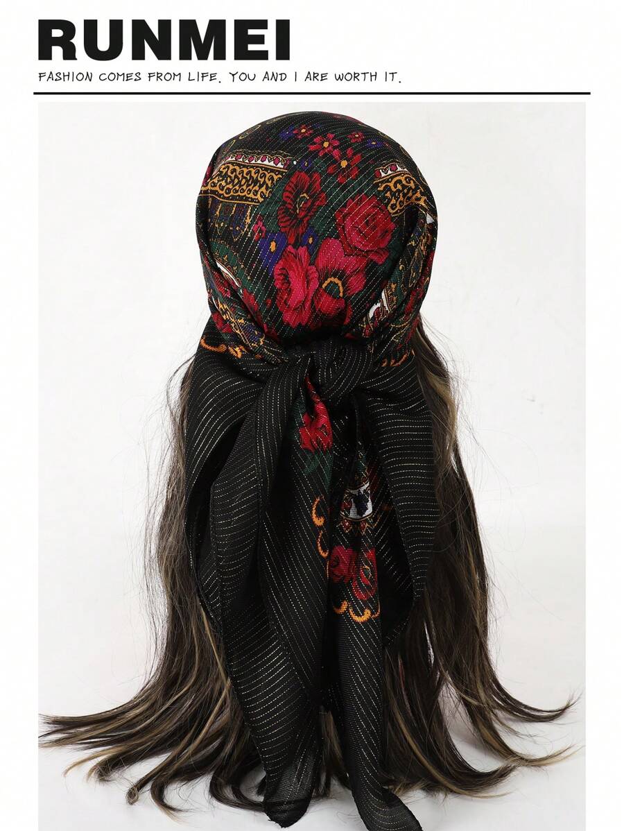 1pc Women's Elegant Multicolor Fashionable Gold Thread Printed Multifunctional Scarf For Gift Giving, Bandana Bandana,Hair Band,Head Band Ideal For Dressing Up Your Look  Winter Fall Valentine's Day Valentines,Beach,Holiday - Black - View 1