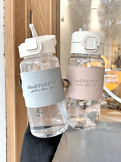 400ml新款弹盖吸管杯小塑料杯带手绳皮套外卖水杯便捷杯礼物