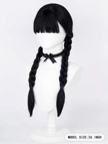 Peluca de trenzas largas y rectas de 26 pulgadas en color negro, hecha de fibra sintética resistente al calor, para niñas y mujeres, disfraz de Wednesday Addams para fiesta de Halloween