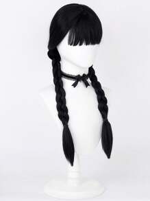 Peluca de trenzas largas y rectas de 26 pulgadas en color negro, hecha de fibra sintética resistente al calor, para niñas y mujeres, disfraz de Wednesday Addams para fiesta de Halloween